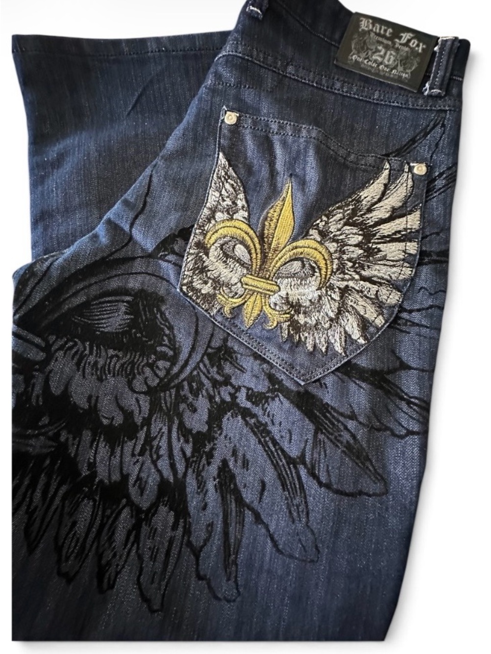 Bare Fox Y2K Wing Embroidered Fleur De Lis Jeans Men's 36 Biker Gothic Denim